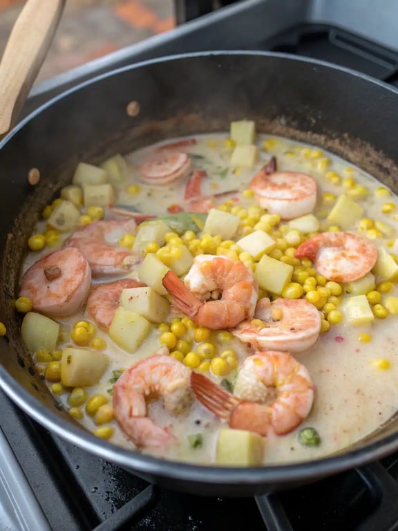 A finished bowl of shrimp corn chowder, garnished with parsley