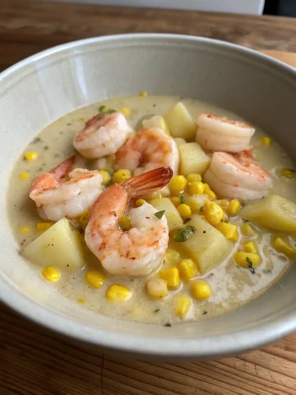 A beautifully set table with a bowl of shrimp corn chowder, crusty bread, and a side salad