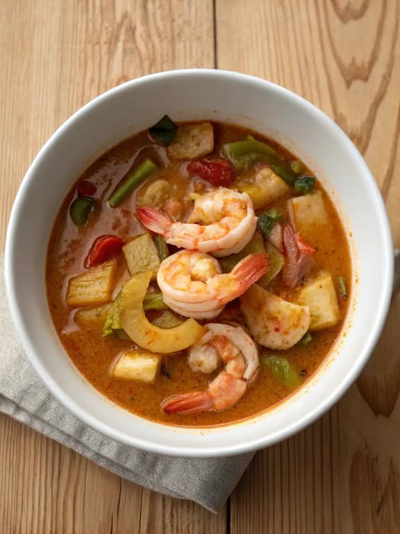 A beautifully served bowl of spicy shrimp soup with a lime wedge and cilantro garnish on a rustic table