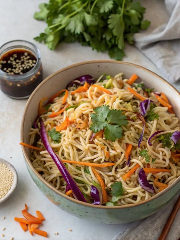 Final step for Asian ramen noodle salad — plated and ready