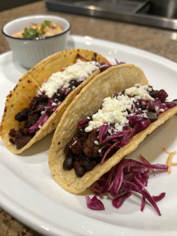 A family-style platter of black bean tacos surrounded by various toppings and side dishes