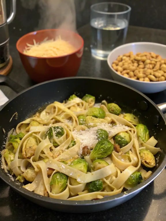 Final step for Brussels sprouts pasta — plated and ready