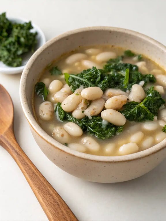 cannellini bean soup served in a bowl with crusty bread