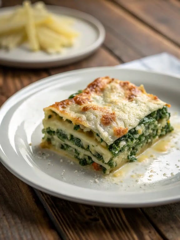 creamy spinach lasagna plated with a side salad and bread