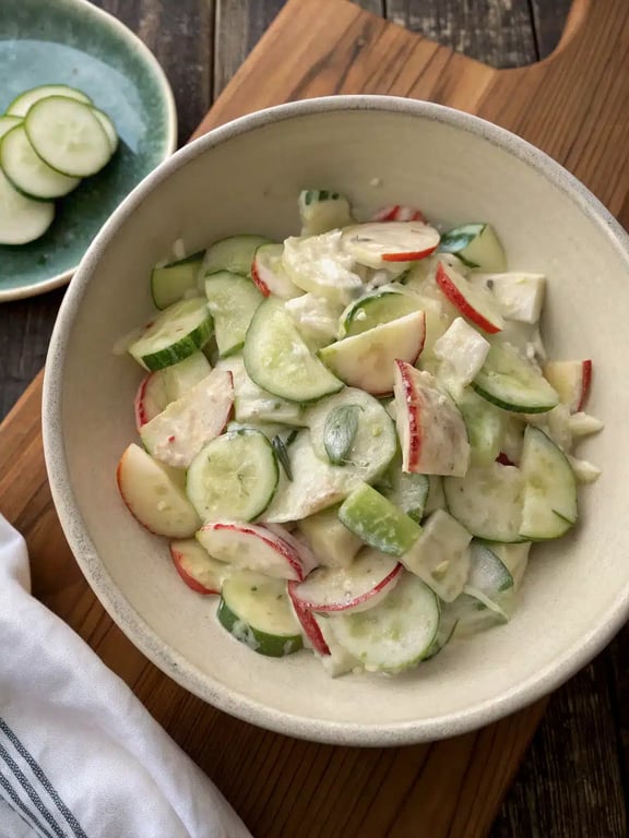 cucumber apple salad beautifully plated on a large platter alongside grilled chicken
