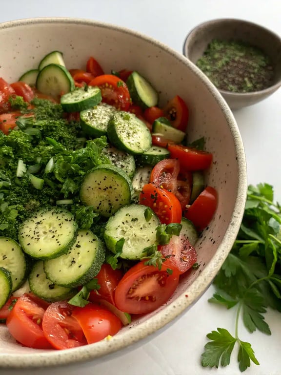 Final step for cucumber tomato salad — plated and ready