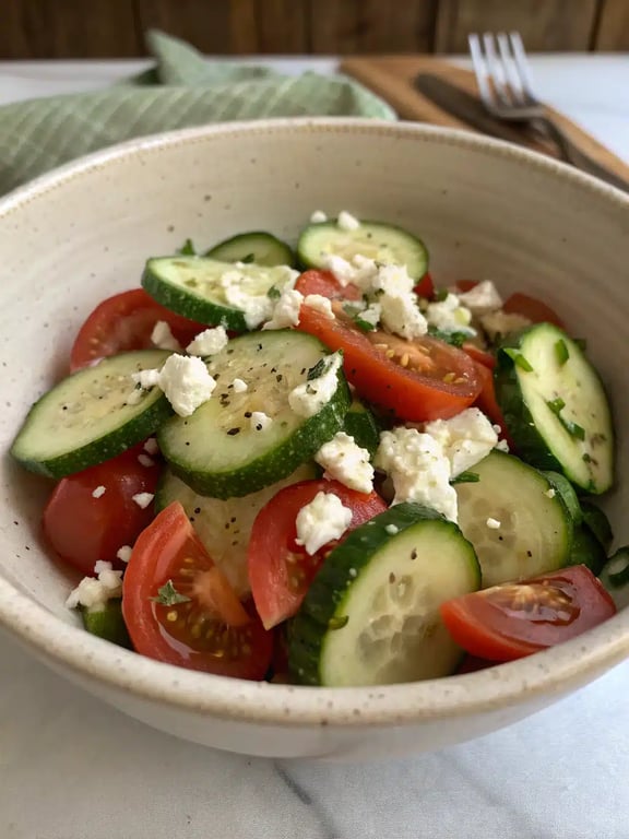 cucumber tomato salad beautifully plated on a table with other dishes