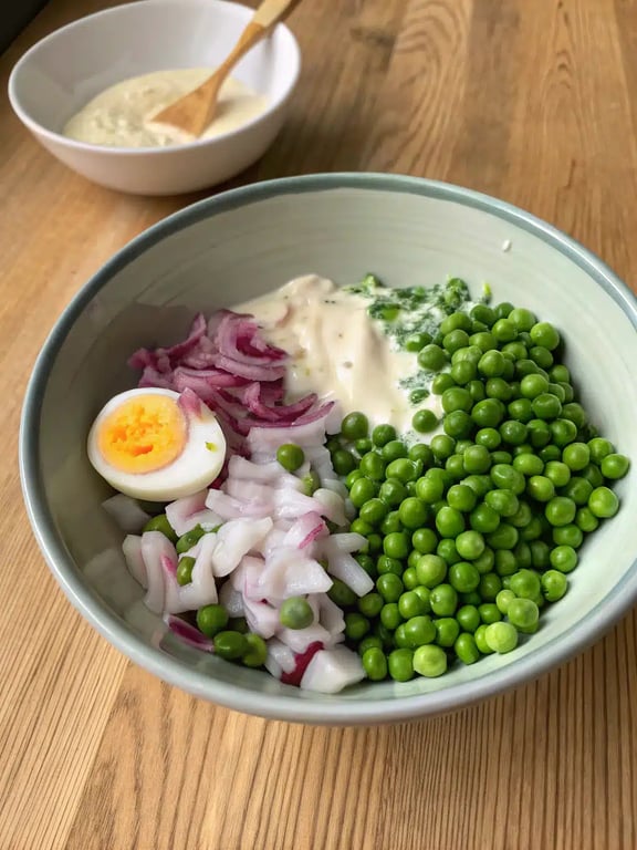 Step 4 for English pea salad — texture check