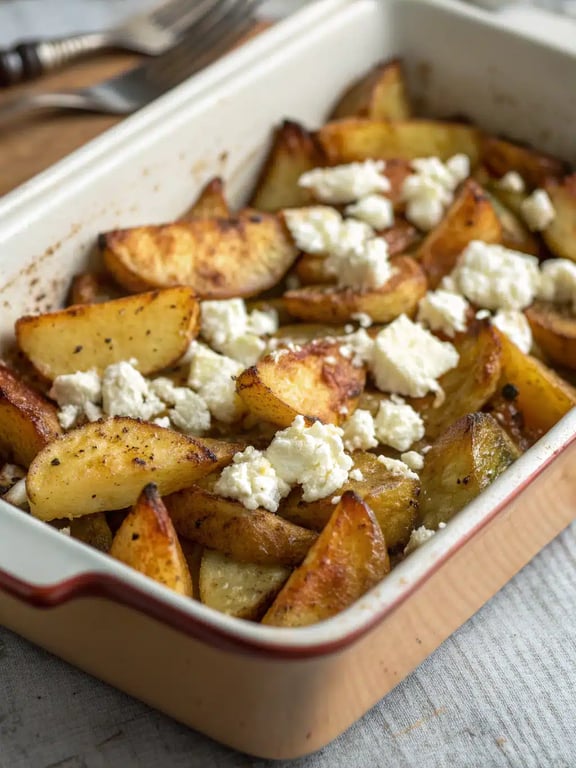 Greek feta potatoes served on a platter with grilled chicken and salad