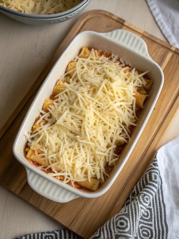 The finished loaded veggie baked ziti fresh out of the oven, golden and bubbly