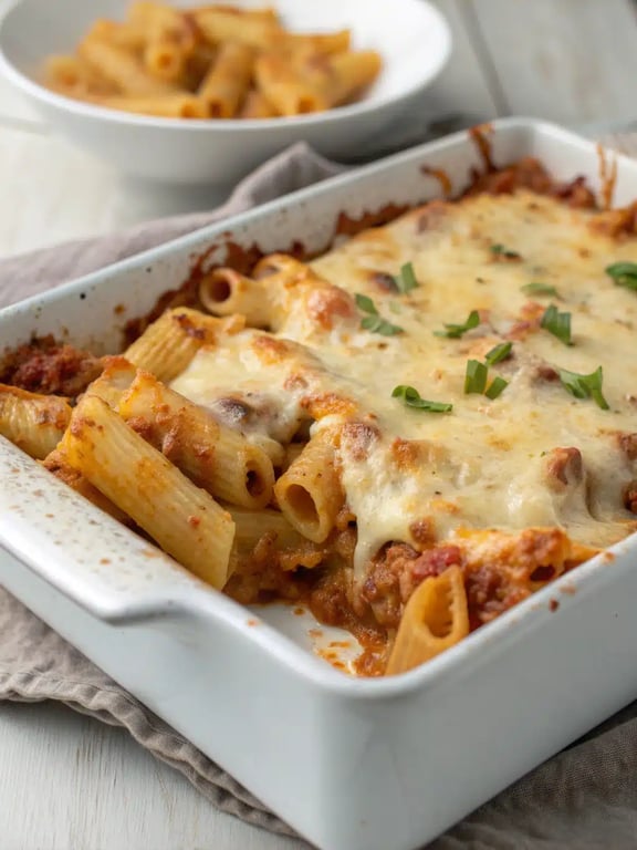 A beautifully plated serving of loaded veggie baked ziti with a side salad and garlic bread