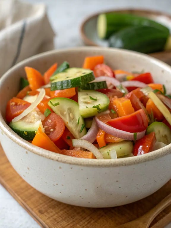marinated vegetable salad beautifully plated with grilled chicken and fresh herbs