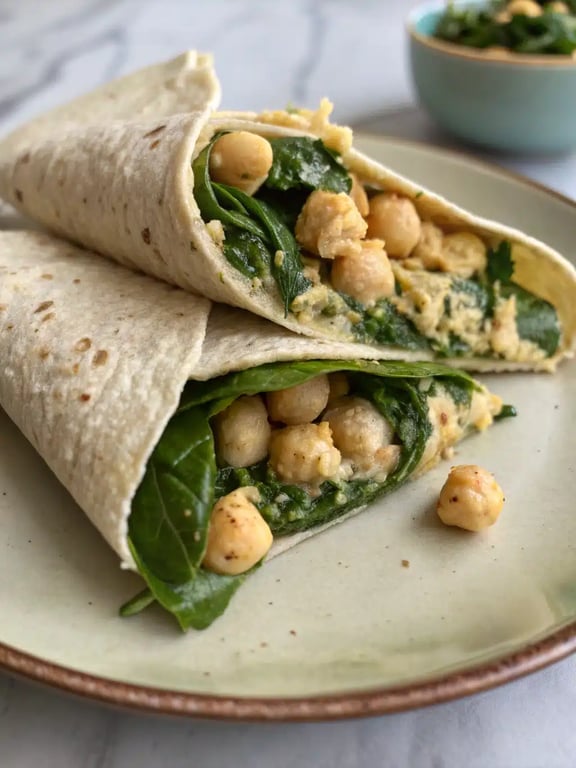 Mediterranean chickpea wrap plated with side salad