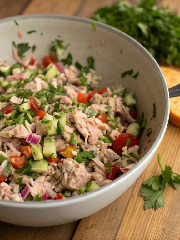 Final step for Mediterranean tuna salad — plated in a pita pocket and ready to eat