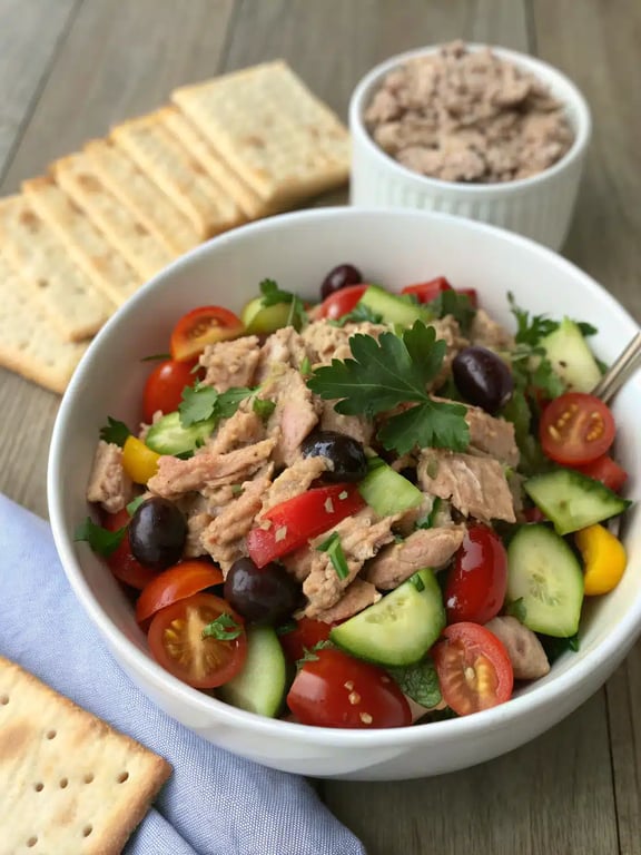 Mediterranean tuna salad served in a lettuce wrap and a pita pocket on a wooden board