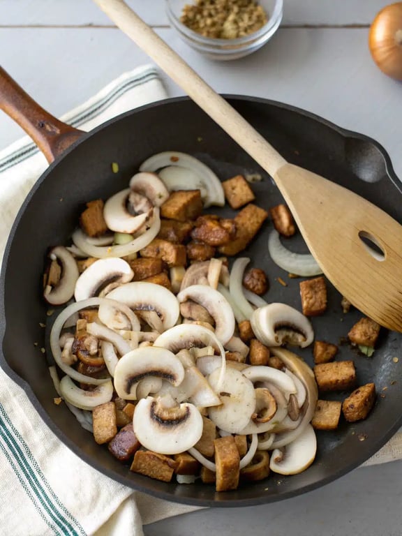 Step 4 for mushroom seitan stroganoff — texture check