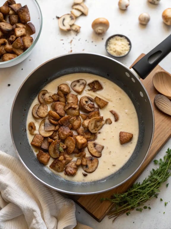 Final step for mushroom seitan stroganoff — plated and ready