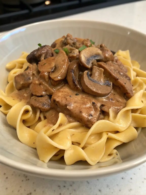 mushroom seitan stroganoff plated elegantly with a side salad