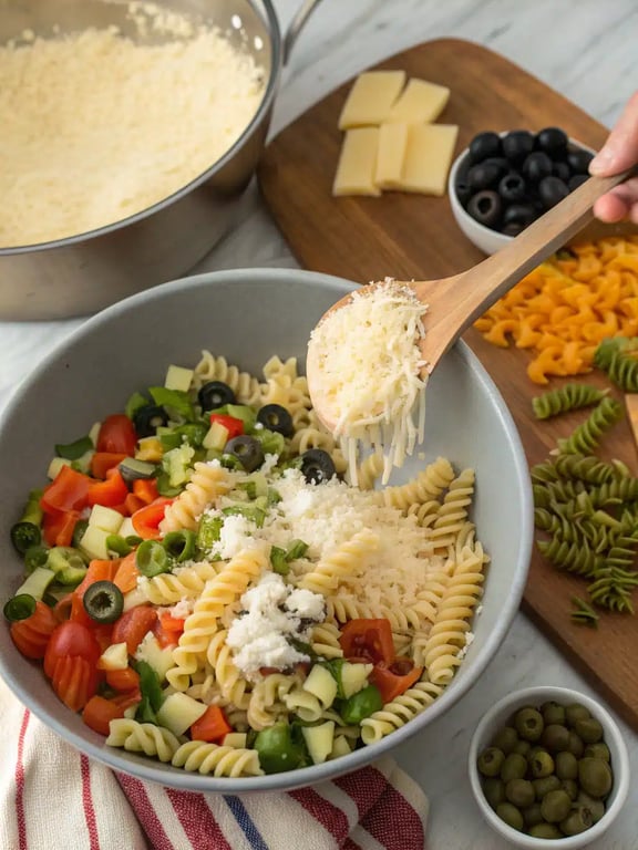 Final step for pasta salad recipe — a large bowl of finished salad ready to serve