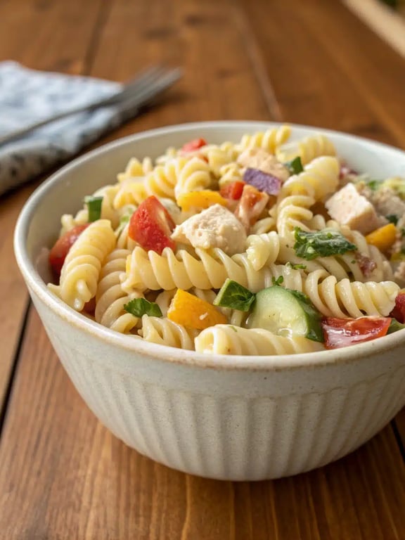 pasta salad recipe beautifully plated on a picnic table with other summer dishes