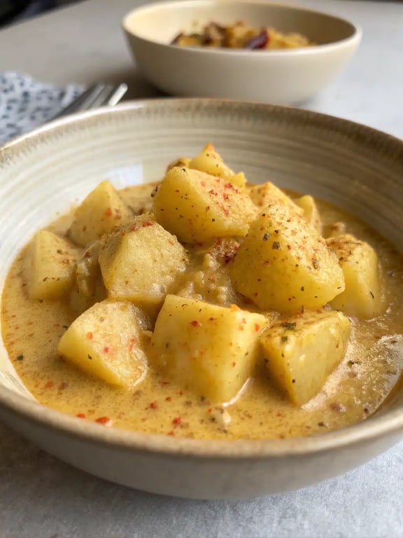 Persian potato curry beautifully plated with rice and fresh herbs