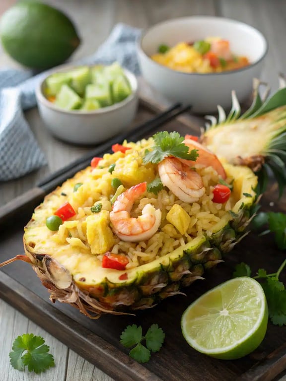 Make this easy pineapple fried rice with fresh pineapple, savory sauces, and fluffy jasmine rice, served with a squeeze of lime for a perfect sweet and savory meal.