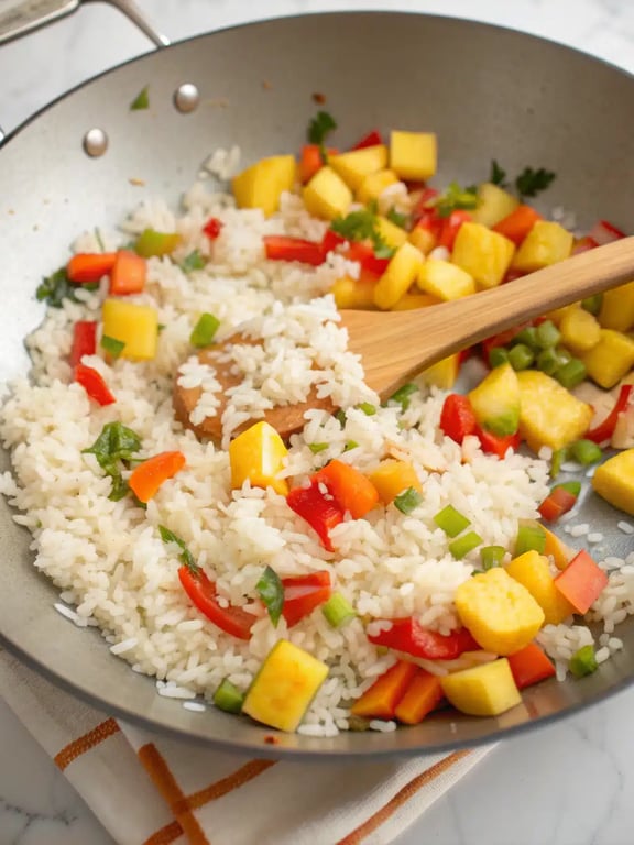 Step 4 for pineapple fried rice showing rice being tossed with vegetables in a hot wok