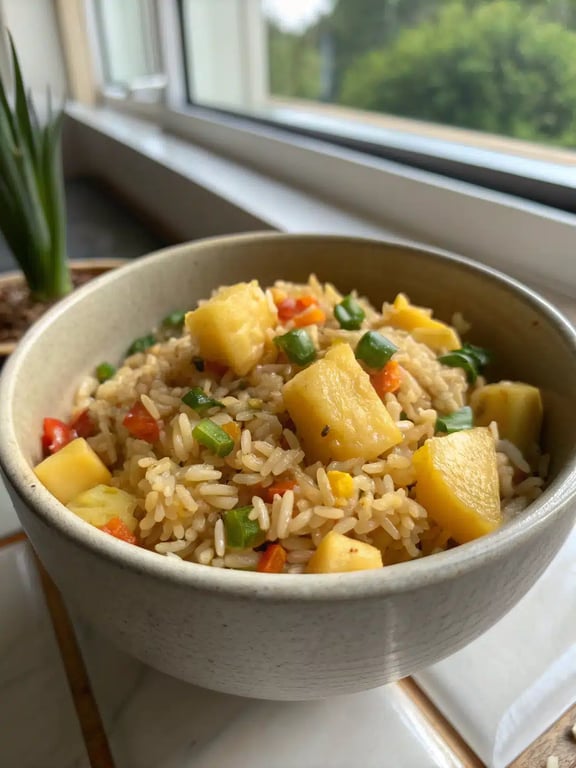 Pineapple fried rice beautifully presented in a carved-out pineapple shell for a festive serving bowl