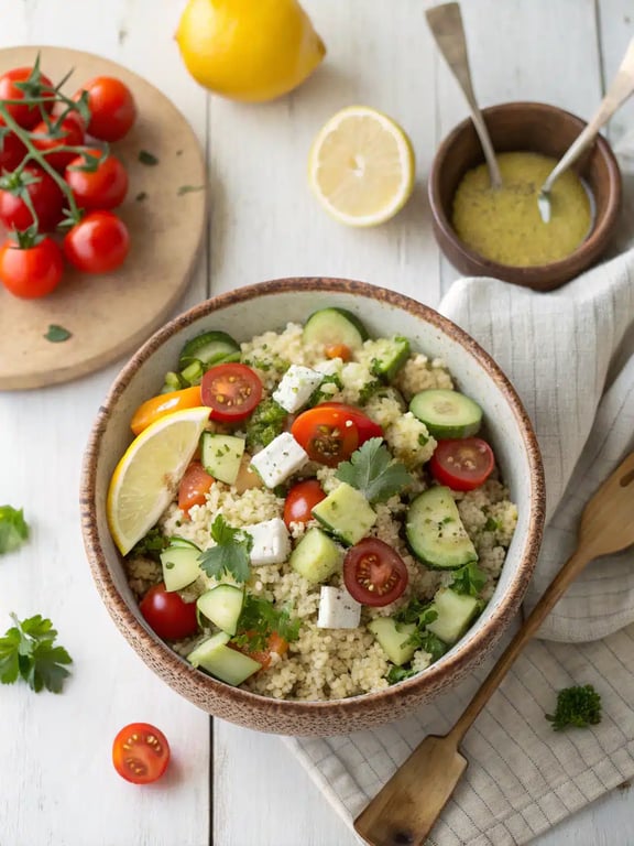 This easy quinoa salad recipe features fresh cucumber and tomatoes with a lemon garlic dressing, topped with crumbled feta for a perfect make-ahead lunch or side dish.