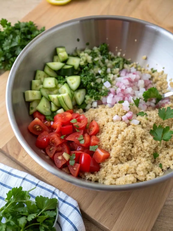 Final step for quinoa salad recipe — plated and ready to serve