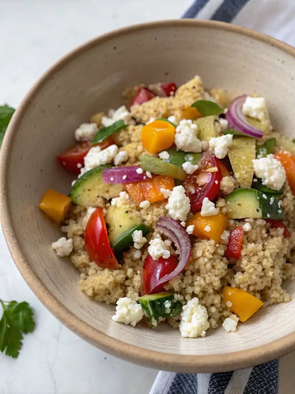 quinoa salad recipe beautifully plated on a table with fresh herbs as garnish