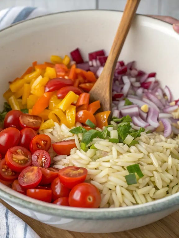Step 4 for rainbow orzo salad — texture check