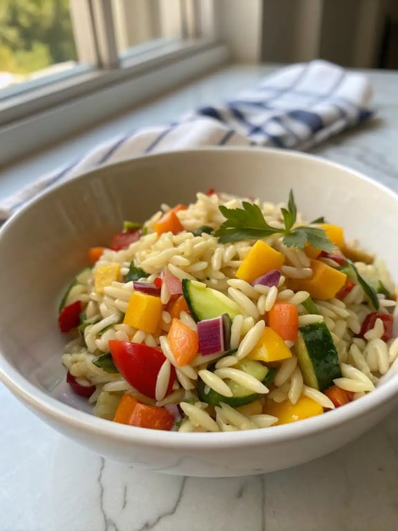 rainbow orzo salad beautifully plated with grilled vegetables and lemon wedges