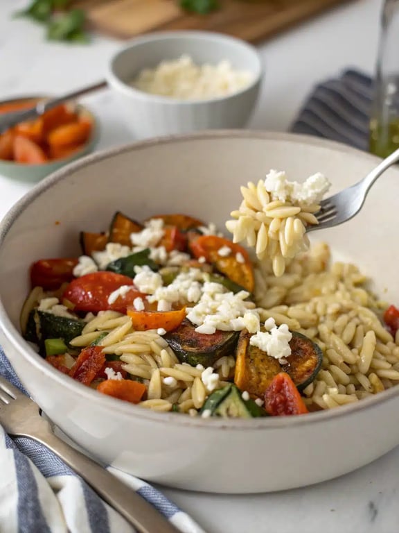 Final step for roasted vegetable orzo — the finished dish fluffed and ready in a skillet