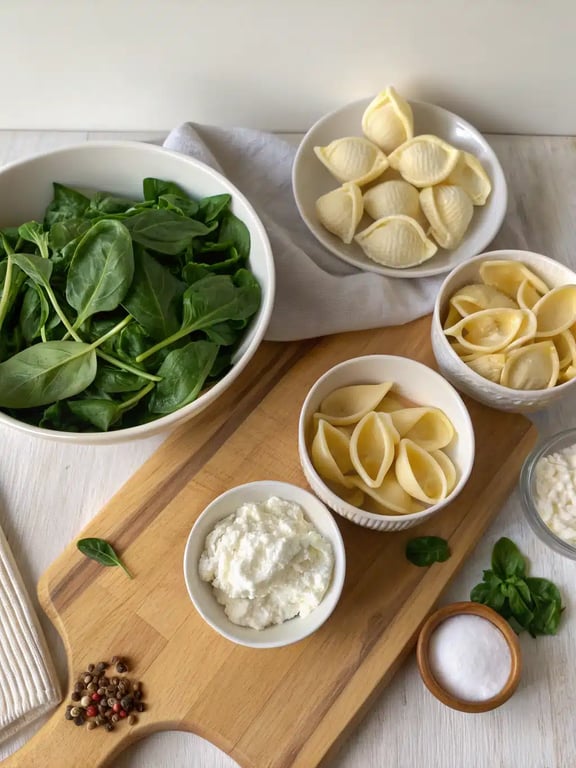 spinach ricotta shells ingredients spinach ricotta shells ingredients arranged on the counter