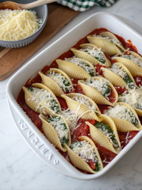 spinach ricotta shells — final step Final step for spinach ricotta shells — plated and ready