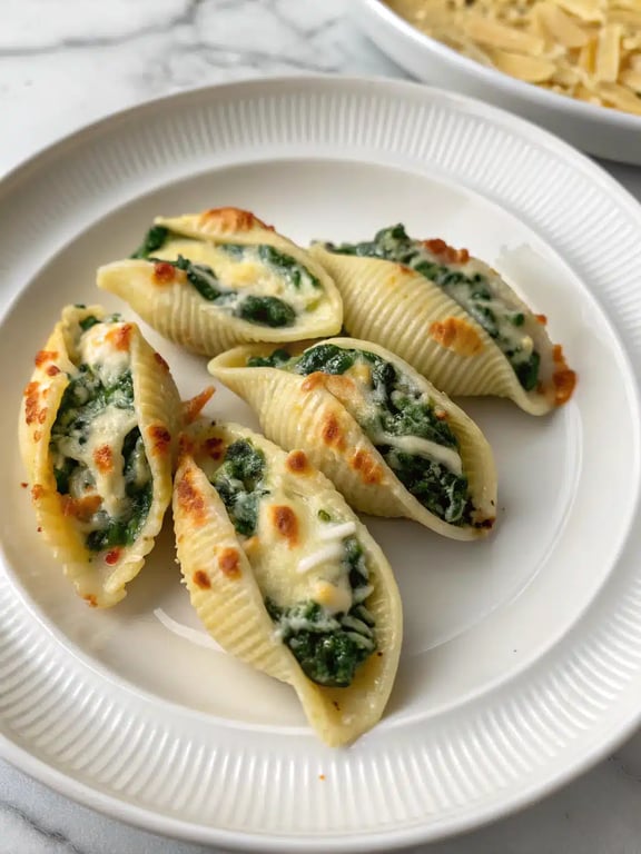 spinach ricotta shells plated meal beautifully plated spinach ricotta shells with salad and garlic bread