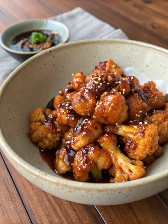Final step for sticky sesame cauliflower — plated and ready