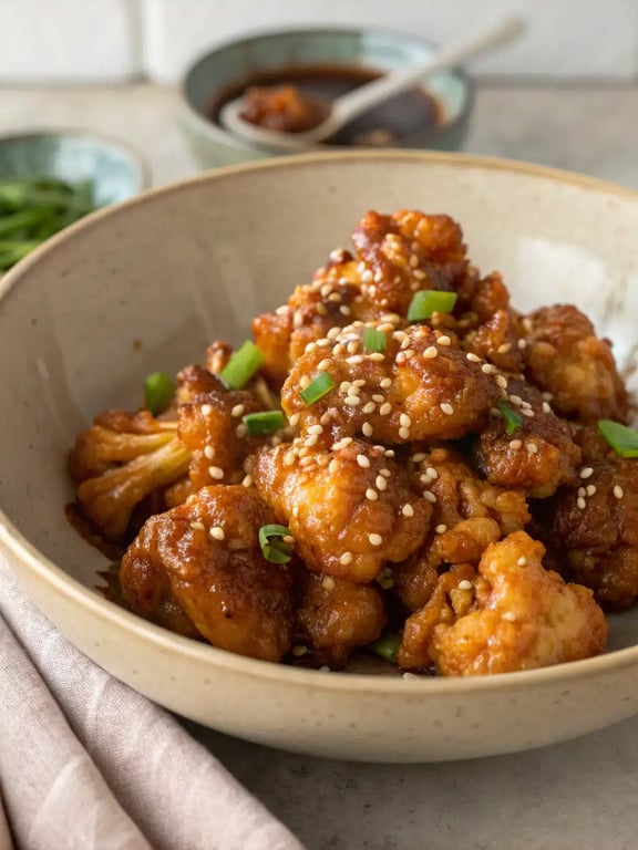 sticky sesame cauliflower plated with rice and green onions