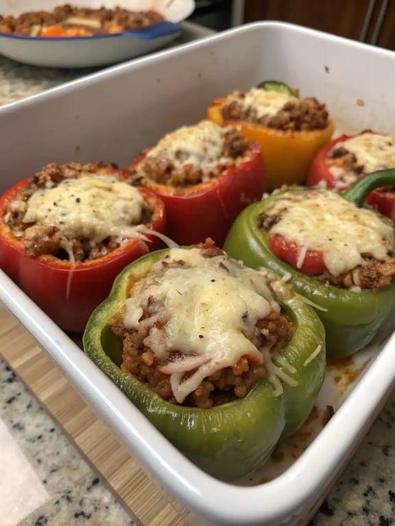 stuffed bell peppers plated with a fresh green salad