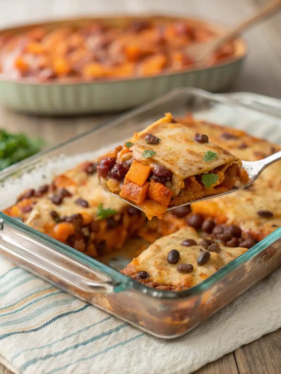 sweet potato enchilada casserole served on a plate with fresh garnishes