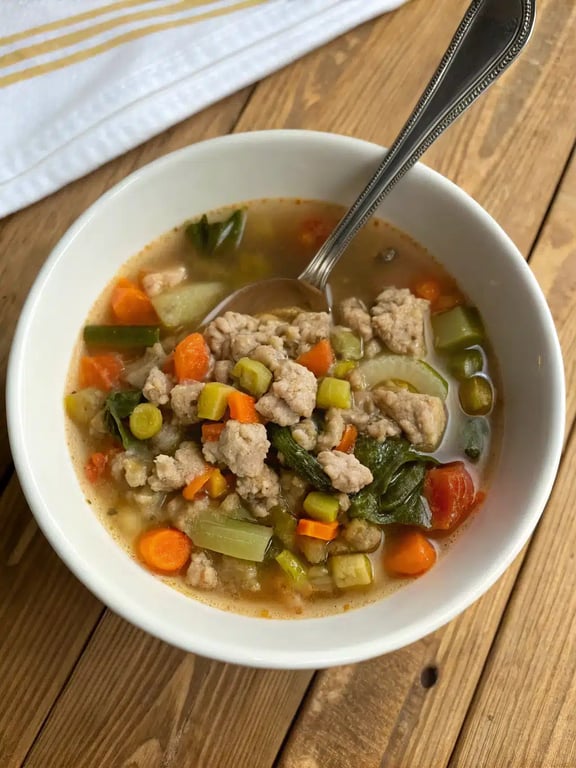This hearty turkey vegetable soup features ground turkey and fresh spinach simmered in a savory broth, perfect for a comforting and healthy weeknight meal.