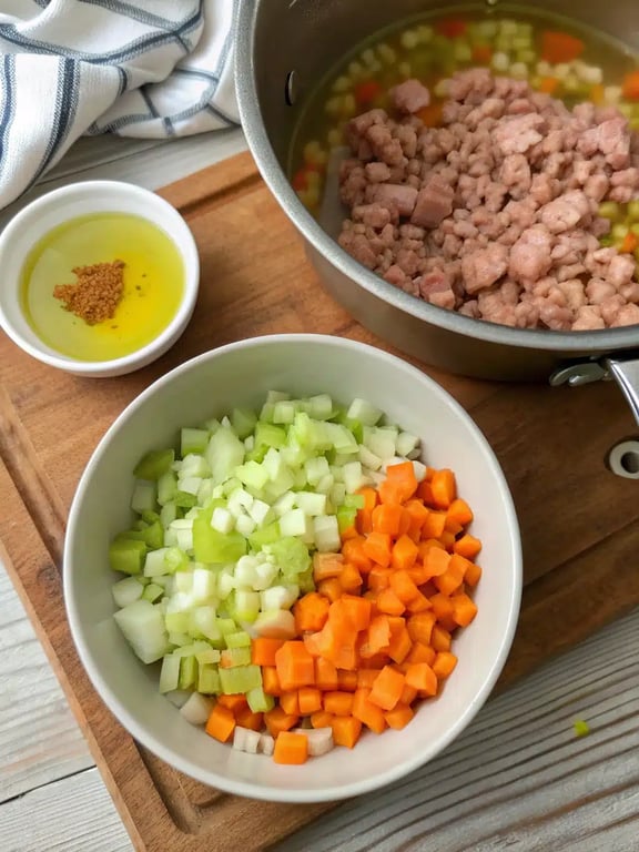 Cooking ground turkey with onions, carrots, and celery in a pot for turkey vegetable soup
