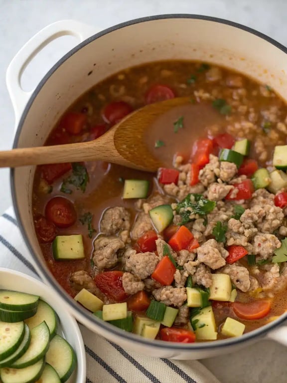 A pot of turkey vegetable soup simmering gently on the stovetop