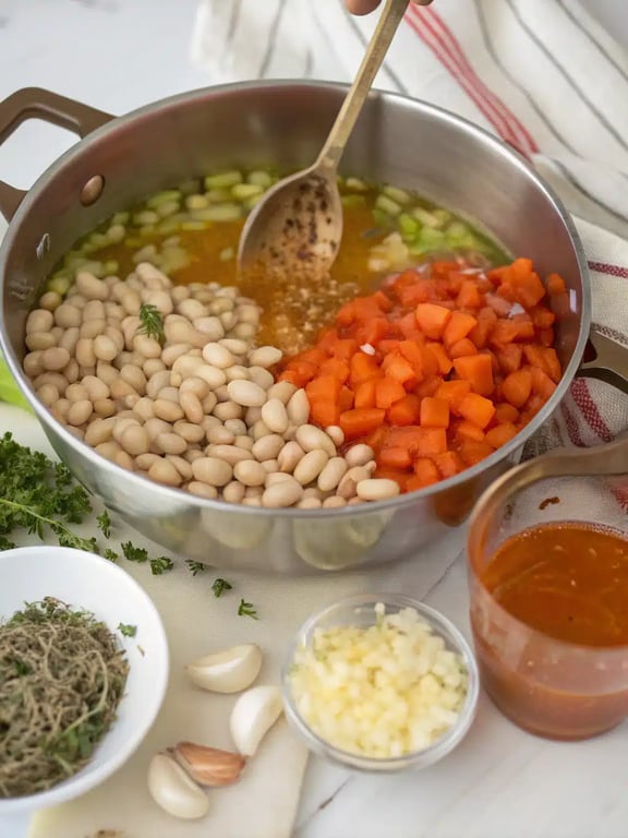 Step 4 for Tuscan white bean soup — texture check