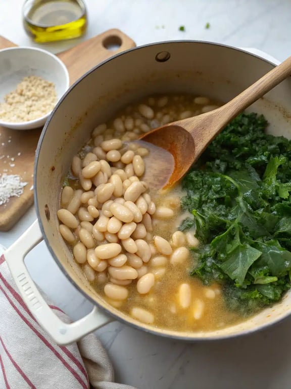 Final step for Tuscan white bean soup — plated and ready