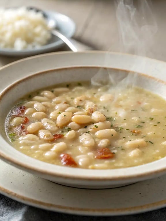 Tuscan white bean soup served in a bowl with crusty bread on the side