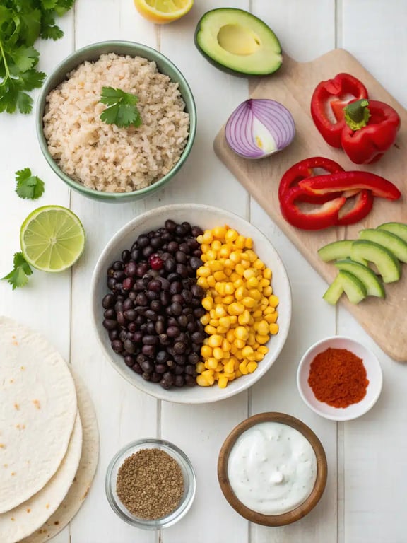 Ingredients for vegan burrito wraps All ingredients for vegan burrito wraps neatly arranged on a kitchen counter