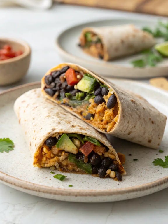 Serving vegan burrito wraps A beautifully plated vegan burrito wrap with sides of salsa and guacamole