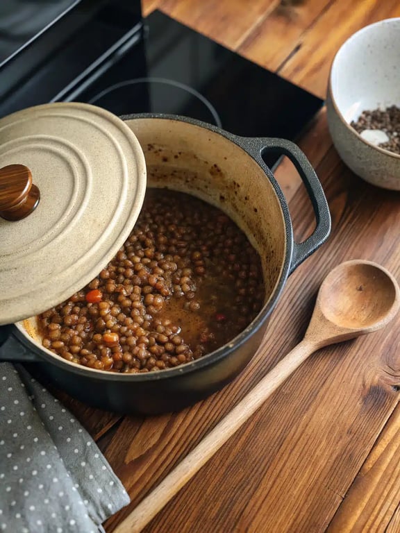 A beautifully plated bowl of finished vegan lentil soup with a parsley garnish
